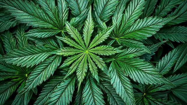 Lush green cannabis leaves create vibrant, organic texture, showcasing intricate patterns and details of natures foliage in close up view of botanical beauty.
