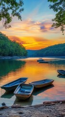 Obraz premium A tranquil sunset over the serene waters of Lake, with small boats gently resting on the shore and lush green hills in the background