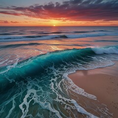 a sunset is shown on the beach and the water is pink and blue.