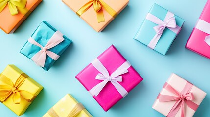 An array of beautifully wrapped gifts in vibrant colors, adorned with ribbons and bows, creating a festive atmosphere for celebration.