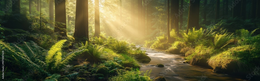Poster serene lush forest with sunlight filtering through trees and a gentle stream flowing through vibrant