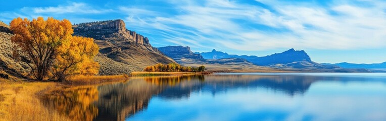 Naklejka premium A tranquil view of Buffalo Bill Reservoir surrounded by autumn foliage and mountain reflections on a clear day