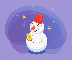 Happy snowman character with little present vector illustration. Happy comic snowman in bucket holding gift on abstract purple background. Winter, holidays concept