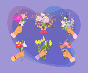 Hands of florists holding bouquets vector illustrations set. Collection of decorative bunches of flowers, plants with blossoms isolated on white background. Spring, botany, nature, wedding concept