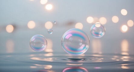 Iridescent Soap Bubbles Floating on Water with Blurry Lights.