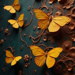 Golden butterfly array with intricate texture backdrop showcases natural elegance and visual enchantment