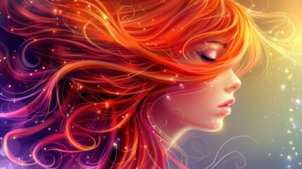 Artistic abstraction of a red-haired woman, flowing hair and colorful design elements conveying beauty and creative expression.