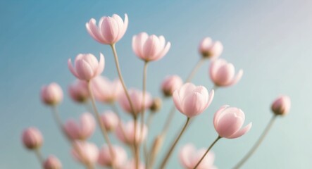 Top view image of pink flowers composition over pastel blue background.