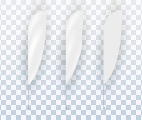 Realistic white advertising textile vector flags and banners, set. Mockup, template, collection of empty fabric canvas poster for advertising.