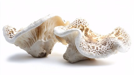 Fototapeta premium Two Wild Mushrooms on White: A Study in Texture and Form