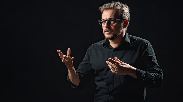 A man with a beard and glasses gesticulating with both hands