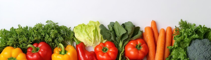 Fresh vegetables arranged neatly on a white background.