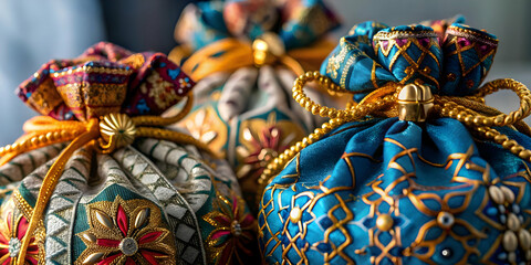 Macro Shot Reyes Magos Gift Bags Detailed Photograph Festive Texture Space for Text Ideal for Magazine Ads Banners Ornate Gift Packaging Celebrating Three Kings Day Photography Concept