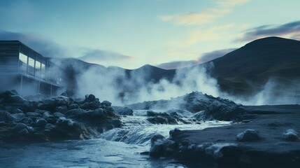 Obraz premium A photo of a geothermal hot spring with steam rising.
