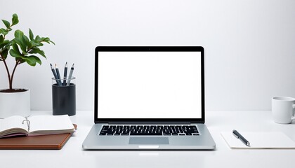 Fototapeta premium Modern White Desk Workspace with Laptop Notebook Pen and Plant