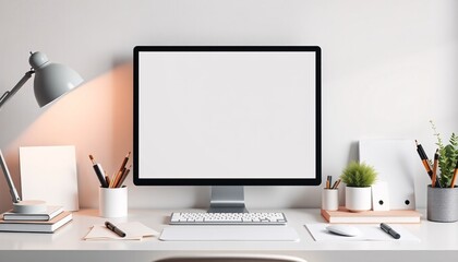 Modern Home Office Desk Setup with Computer Monitor Keyboard Mouse and Desk Lamp