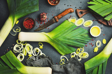 Preparation for cooking Leek onion Stalks. Leek onion cut into slices. Top view.