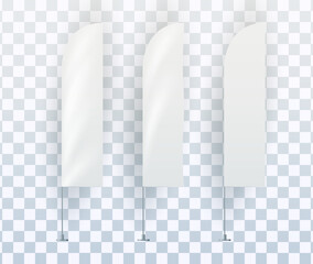 Realistic white advertising textile vector flags and banners, set. Mockup, template, collection of empty fabric canvas poster for advertising.