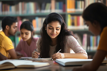 A group of Indian students were studying together in the library, while their female teacher helping them scribbling notes on their books and papers.