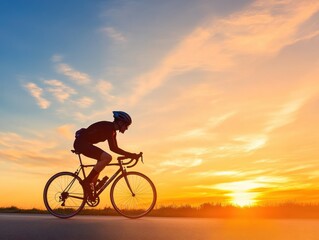 Fototapeta premium Cyclist rides during sunset, showcasing active lifestyle and freedom.