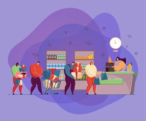Line of customers at cashier vector illustration. People buying goods in shopping carts and bags, gift boxes at grocery shop or supermarket. Commerce, shopping, sale concept
