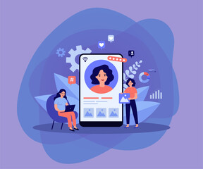 Marketing team working on personal brand, creating corporate identity, advertising profile or web site of female professional. Flat vector illustration for web presence, online identity concept