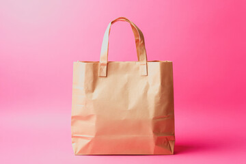 Stylish and Simple Pink Background Presentation with a Plain Paper Shopping Bag - Ideal for Retail and Product Mockups