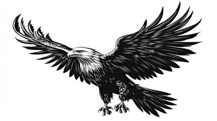Obraz premium A Black and White Illustration of a Bald Eagle in Flight
