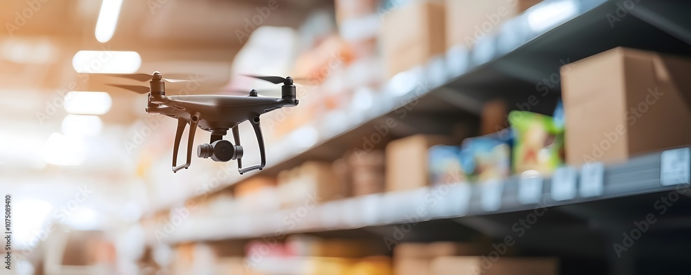 Poster drone technology in action - efficient stock auditing and counting in a cozy retail store with neatl