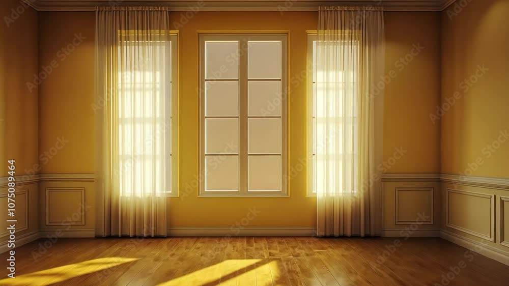 Poster sunlight streams through three windows in an empty room with wood floors and yellow walls