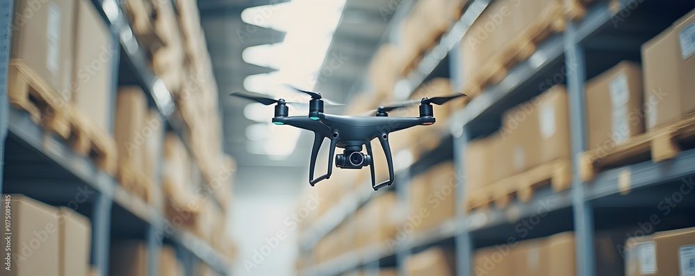 Poster advanced drone technology in stock auditing - close-up of drone camera capturing product labels in a