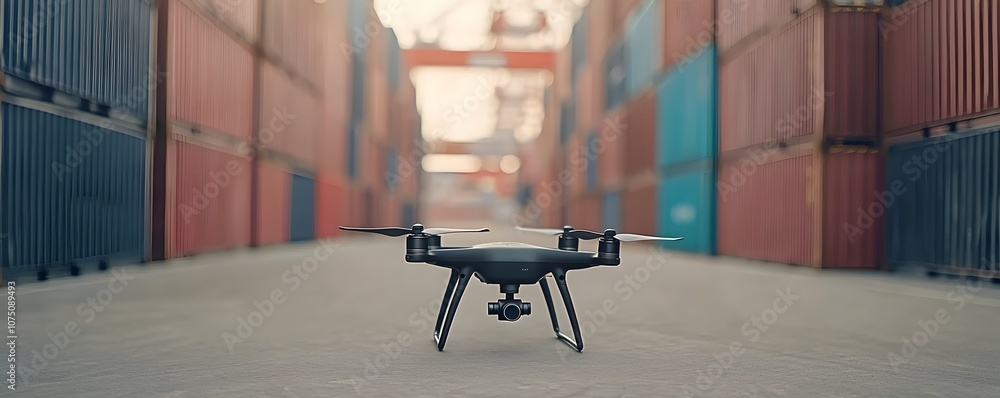 Poster efficient drone technology for inventory management - aerial view of drone counting stock in warehou