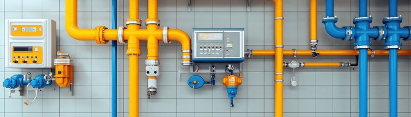 Colorful pipes and meters in an industrial setting, conveying energy.