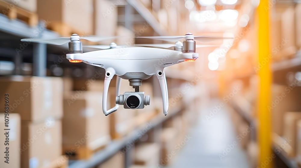 Poster efficient warehouse operations with drone technology - a drone capturing data on well-organized shel