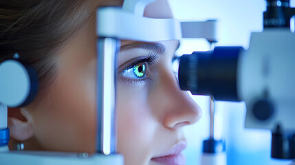 A young woman undergoing an eye examination using a slit lamp in a modern optometry clinic during daylight hours