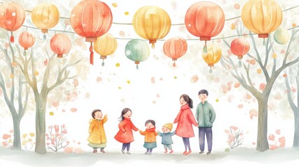 A joyful family gathering under colorful lanterns in a festive atmosphere.