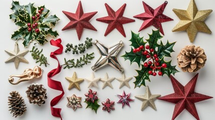 Fototapeta premium A collection of Christmas decorations including holly, ribbons, and stars, isolated on white