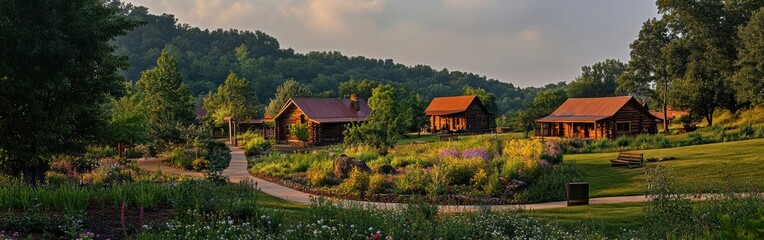 A tranquil late afternoon at the Ozark Folk Center surrounded by lush gardens and rustic cabins