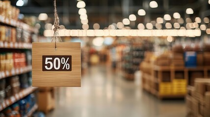 Obraz premium A vivid image of a store aisle with a prominent 50% discount sign hanging, surrounded by shelves stocked with various products.