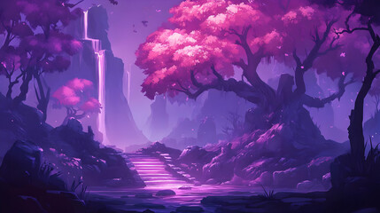 Fototapeta premium Illustration - Enchanting Purple Waterfall and Cherry Blossom Landscape
