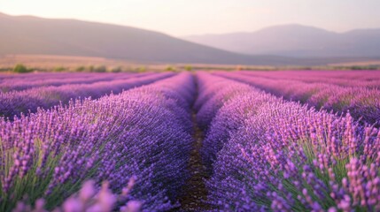 Obraz premium A peaceful lavender field in full bloom at sunset with rolling hills in the background