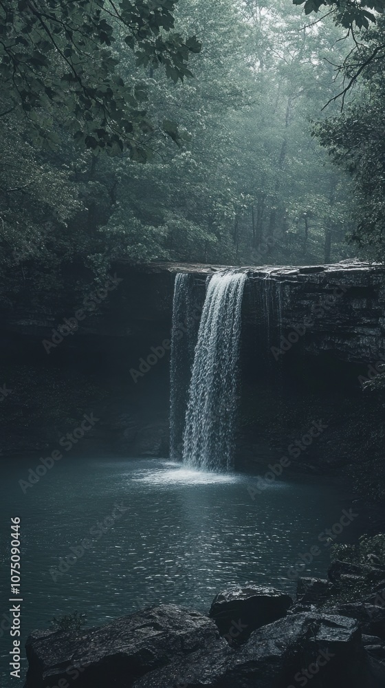 Poster a tranquil view of noccalula falls cascading into a serene pool surrounded by lush greenery in gadsd