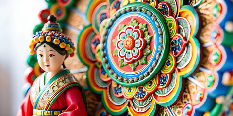 Fototapeta premium Macro Close Up Traditional Korean Lunar Calendar Seollal Intricate Designs Vibrant Colors Cultural Heritage Copy Space Stock Photo Concept