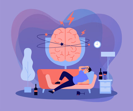 Person sleeping on couch among glasses and bottles of liquor, feeling headache and hangover. Painful brain of drunk man. Vector illustration for booze problems, alcohol addiction, drunkard concept
