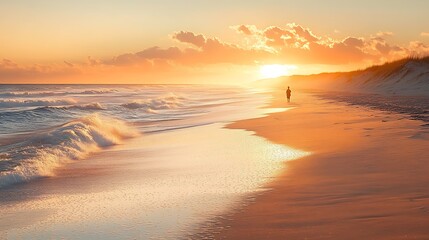 Fototapeta premium Person strolling along a serene beach at sunset
