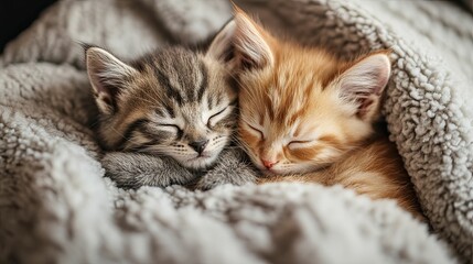 Two Kittens Snuggling and Sleeping on a Fluffy Blanket