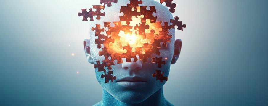 Conceptual art representing a struggling mind with puzzle pieces.