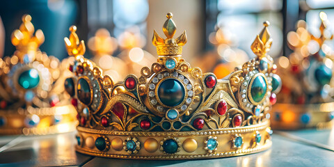 Fototapeta premium Close Up Reyes Magos Traditional Crowns Detailed Intricate Festive Embellishments for Photo Stock Concept Perfect for Magazine Advertisements Banners Copy Space for Text