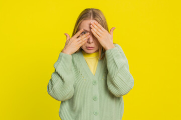 Don't want to look at this, awful. Afraid shocked Caucasian middle-aged woman closing eyes with...