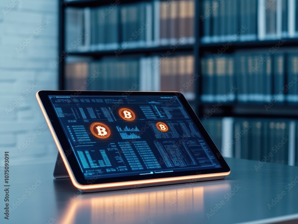 Poster digital tablet displaying cryptocurrency and investment data.